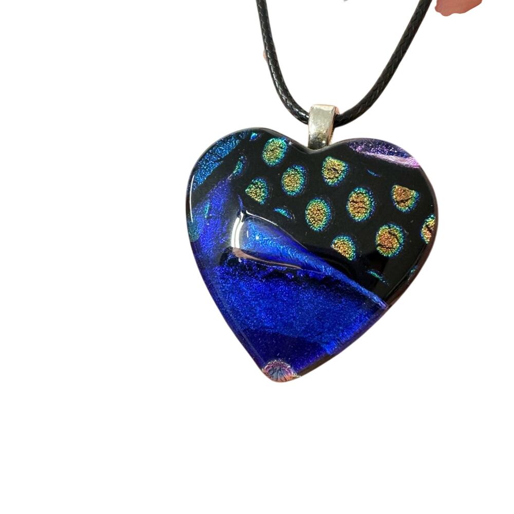 Leather Band Blue Art Glass Heart Pendant Womens Necklace Artsy